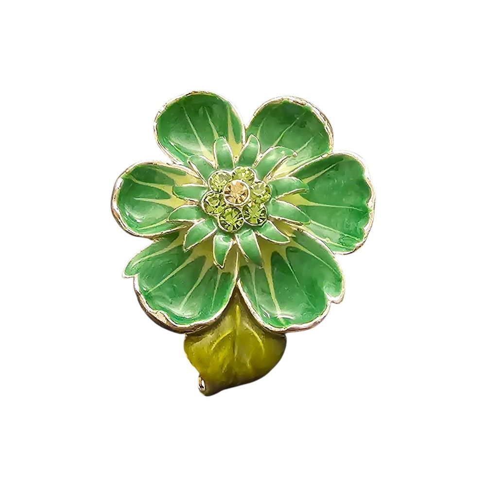 Vintage  green enamel flower brooch central cluster of lime green rhinestones.